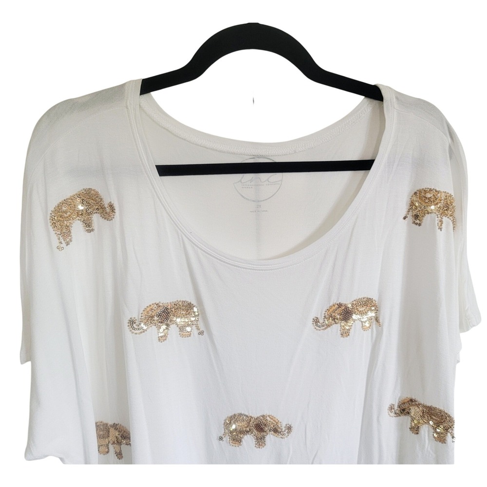 INC International Concepts 2X White Sequin Elephant T-Shirt Top - Picture 5 of 10